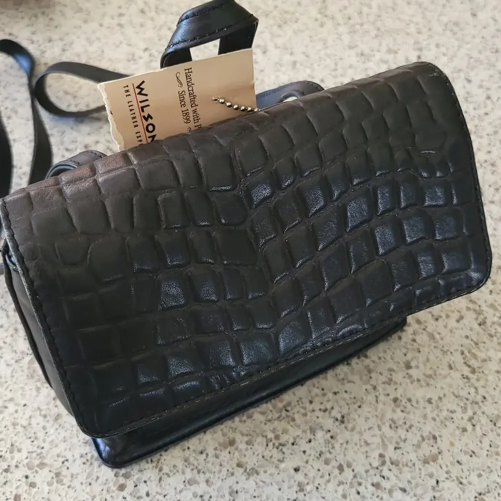 VTG 90s Wilson's Leather Croc Embossed Black Mini Backpack Adjustable Purse✨️NWT